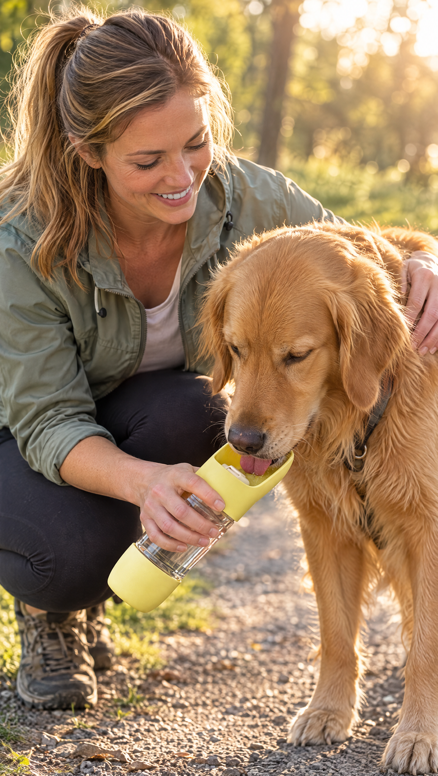 Woman crouching on a sunny park path holding a yellow TGTDIV bottle while a golden retriever drinks from it