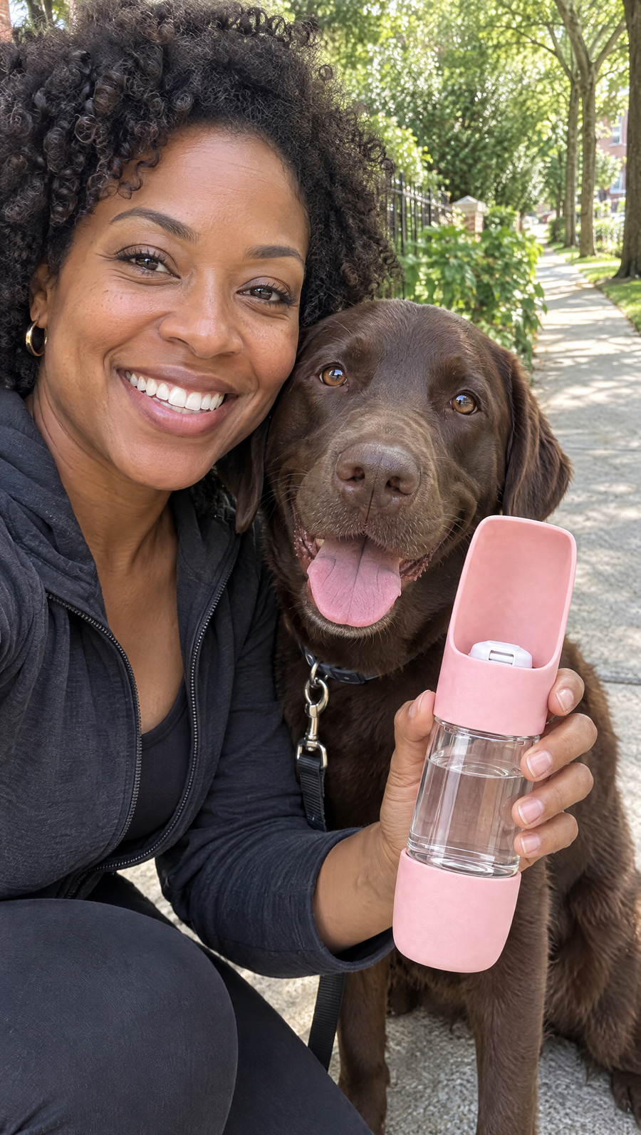 Smiling woman taking a selfie with her chocolate labrador and a pink TGTDIV bottle