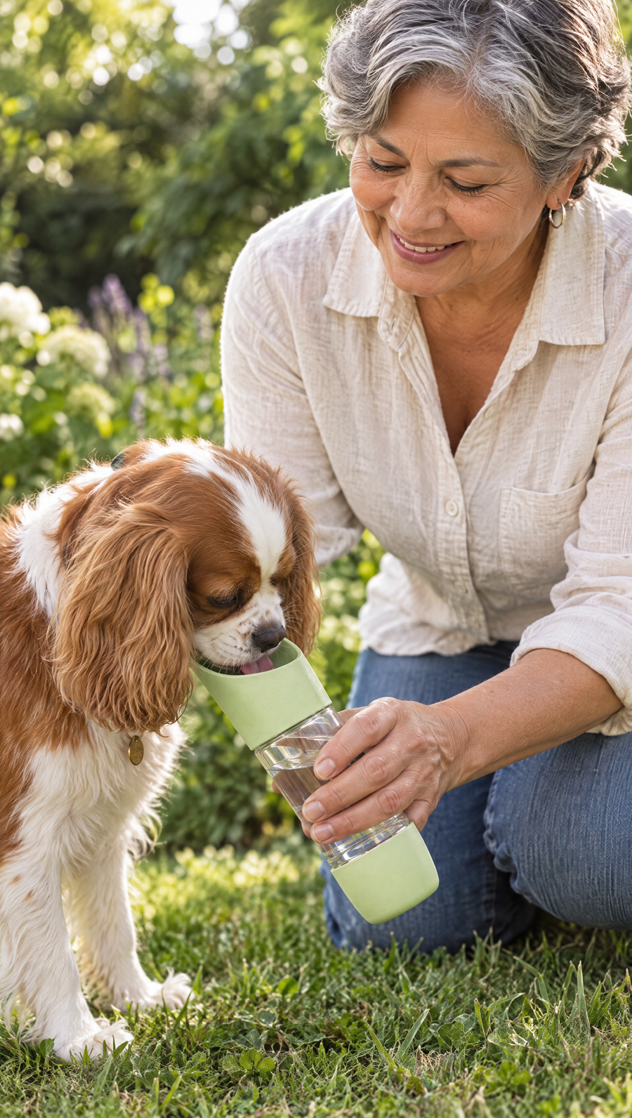 Woman kneeling in a garden giving a cavalier spaniel water from a green TGTDIV bottle