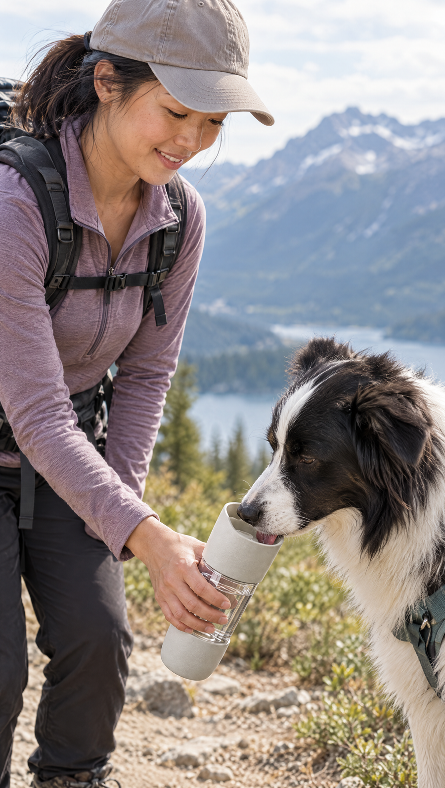 Hiker at a mountain overlook holding a grey TGTDIV bottle for a border collie to drink