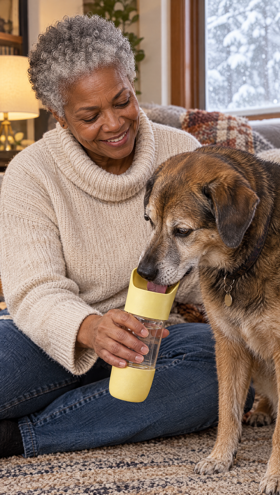 Woman indoors in winter holding a yellow TGTDIV bottle while her dog drinks