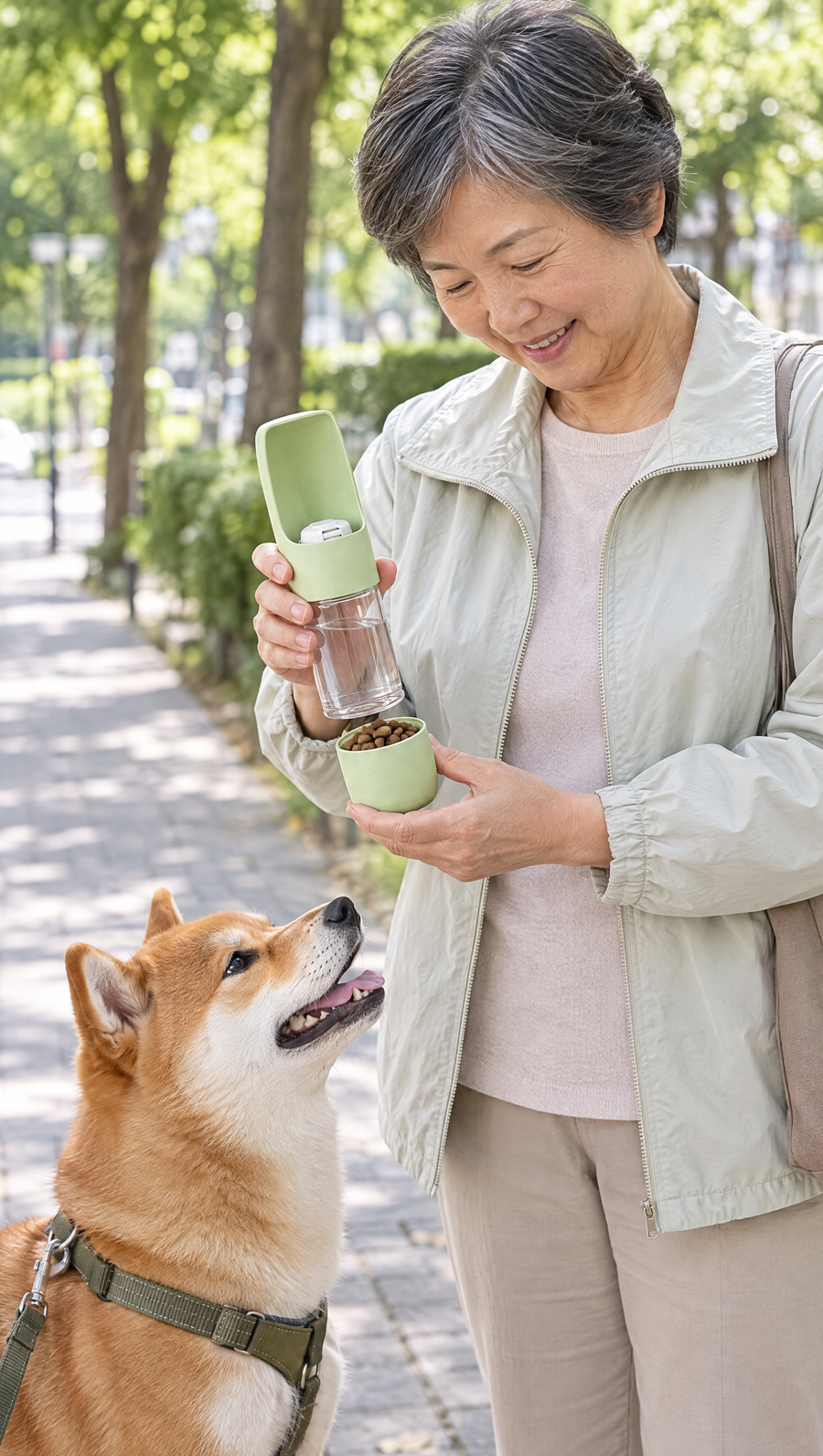 Woman opening the snack cup of a green TGTDIV bottle for a shiba inu on the sidewalk