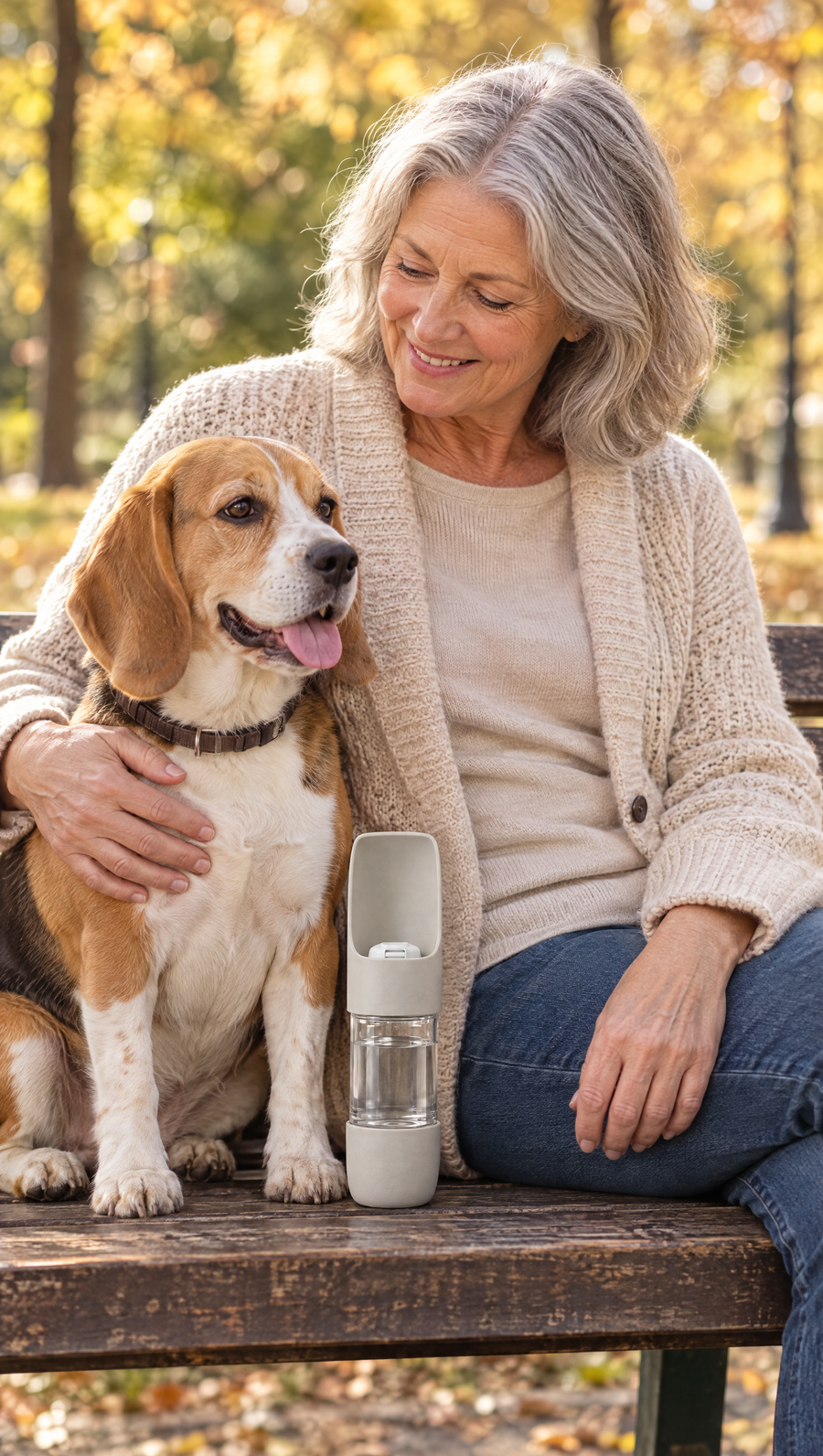 Woman on a park bench with a beagle and a grey TGTDIV bottle beside them