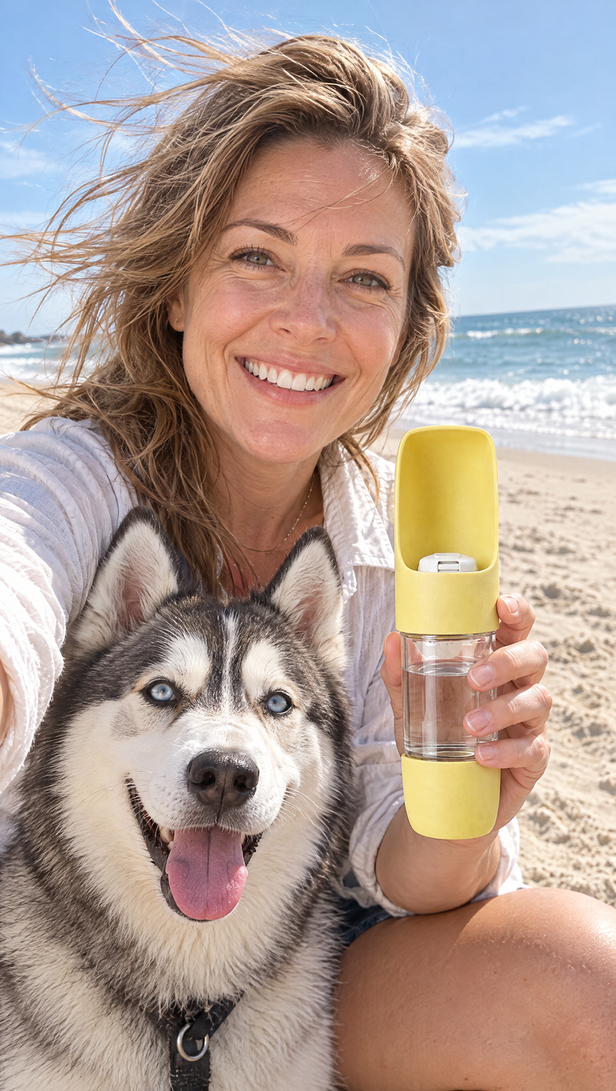 Woman taking a beach selfie with a husky and a yellow TGTDIV bottle