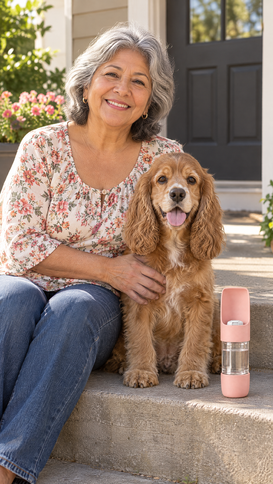 Woman on a porch step with a cocker spaniel and a pink TGTDIV bottle next to them